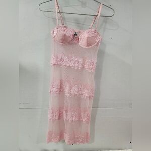 Y2K Rampage Babydoll Slip Dress Size S Pink Sheer Floral Lace Short Lingerie
